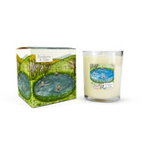 A Heaven Scent 20cl scented votive candle in a clear glass jar alongside its matching illustrated gift box. Both the candle label and the box feature. Aroma:  Eucalyptus & Cedar Illustration: Wild swimming.