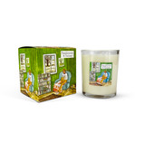 A Heaven Scent 20cl scented votive candle in a clear glass jar alongside its matching illustrated gift box. Both the candle label and the box feature. Aroma: Frankincense & Vetiver; Illustration: Girl Reading.