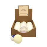 A brown card counter top display box of 21 Heaven Scent Heritage natural origin shaving soaps, pleat wrapped in white paper. The box features a pale pink rectangle label . Made in the UK using sustainable plant-based ingredients.