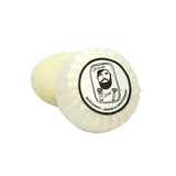 Heaven Scent Bergamot, Lemon & Grapefruit natural origin shaving soap. The round, plant-based soap is shown wrapped in traditional pleat paper, sealed with a circular label featuring a black and white Sarah Pettitt illustration of a man.
