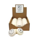 Heaven Scent natural origin shaving soap in a counter-top-display brown card box. The round, plant-based soap is shown wrapped in traditional pleat paper, sealed with a circular label featuring a black and white Sarah Pettitt illustration of a lady.