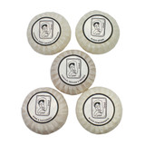 Heaven Scent natural origin shaving soap group. The round, plant-based soap is shown wrapped in traditional pleat paper, sealed with a circular label featuring a black and white Sarah Pettitt illustration of a lady.