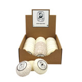 Heaven Scent natural origin shaving soap in a counter-top-display brown card box. The round, plant-based soap is shown wrapped in traditional pleat paper, sealed with a circular label featuring a black and white Sarah Pettitt illustration of a man.