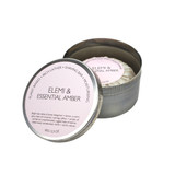 Heaven Scent Heritage natural origin shaving soap in a rustic metal tin. The lid features a pale lilac label for the Elemi & Essential Amber aroma. The plant-based soap is shown