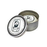 Heaven Scent Lavender, Cananga, Patchouli & Cedar natural shaving soap for men. A rustic metal tin with an illustration of a bearded man by Sarah Pettitt on the lid. The plant-based, UK-made soap is shown pleat wrapped inside the open tin with a matching hand-drawn label.
