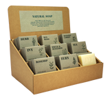 Heaven Scent Kraft Brown Stand to hold 18 Green Botanical boxed soaps.
