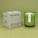 Heaven Scent Celandine Green Botanical 20cl scented candles, poured in green glass with an illustrated box, made in the UK from sustainable plant wax