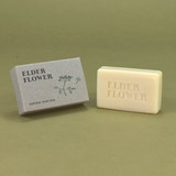 Green Botanical 100g Elder Flower natural soap bar by Heaven Scent with stamped text next to its illustrated recycled card box.