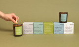 Heaven Scent Natural Collection Thyme natural soy and plant wax scented Christmas candle in a brown glass jar displayed beside its matching herb green presentation box against a green botanical background