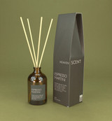Heaven Scent 100ml Espresso Martini vegan heritage range reed diffuser in brown apothecary glass bottle with matching black packaging, made in the UK