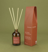 Heaven Scent 100ml Nutmeg & Cinnamon vegan Christmas heritage range reed diffuser in brown apothecary glass bottle with matching brown packaging, made in the UK