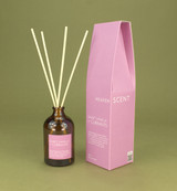 Heaven Scent 100ml Sweet Vanilla & Currants vegan heritage range reed diffuser in brown apothecary glass bottle with matching pink packaging, made in the UK
