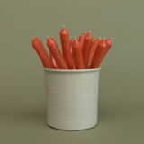 A pack of 16 bulk 10-inch UK-made straight dinner candles in burnt orange, arranged in a neutral cream stoneware pot isolated against a clean white background.