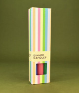 A beautifully illustrated, pastel-coloured stripy gift box for Heaven Scent's The Pastel Edit mixed UK-made vegan dinner candles,  in complementary shades of Pastel Blue, Pastel Green and Pastel Pink.