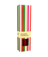 A beautifully illustrated, festive-striped gift box for Heaven Scent's The Christmas Edit mixed UK-made vegan dinner candles, in complementary shades of Elephant Grey, Christmas Red and Dark Green.