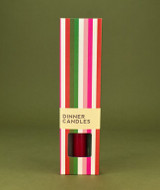 A beautifully illustrated, festive-striped gift box for Heaven Scent's The Christmas Edit mixed UK-made vegan dinner candles, in complementary shades of Elephant Grey, Christmas Red and Dark Green.