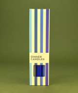 A beautifully illustrated, blue-striped gift box for Heaven Scent's The Blue Edit mixed UK-made vegan dinner candles,  in complementary shades of Pastel Blue, Navy Blue and Charcoal Grey.