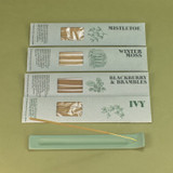 10 Green Botanical Christmas incense sticks by Heaven Scent in a recycled card pack with plant folklore illustration.