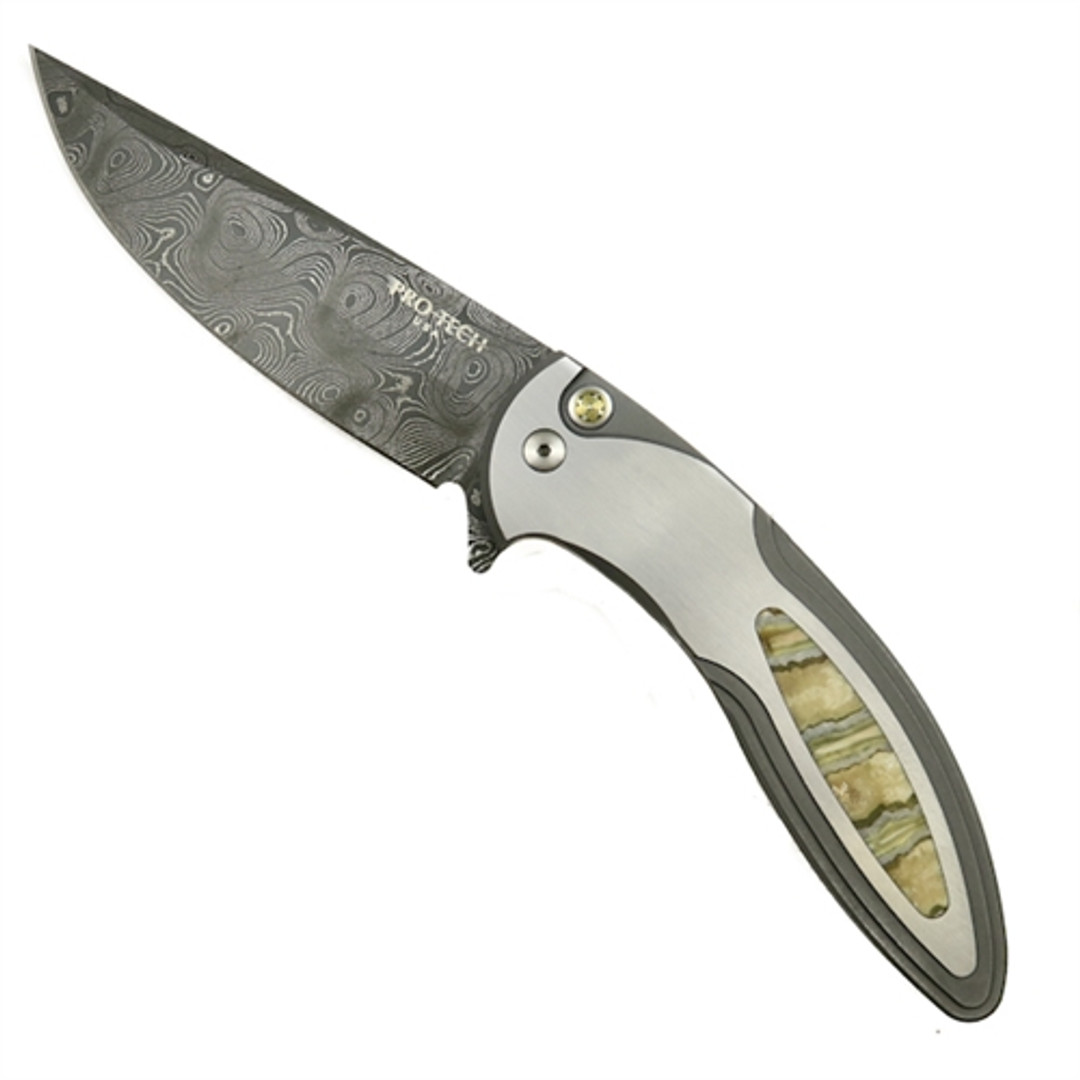 Pro-Tech Blade Show 2017 Custom Cambria Stainless Steel Flipper Knife, Mastodon Inlay, Damascus Blade