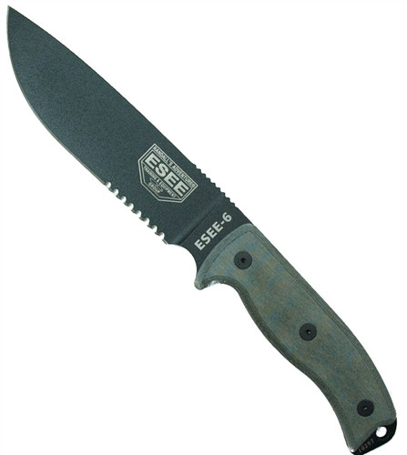 ESEE Knives ESEE-6 Fixed Blade Knife, Black Part Serrated Blade, Linen Micarta Handle, Black Sheath, ESEE-6S-B