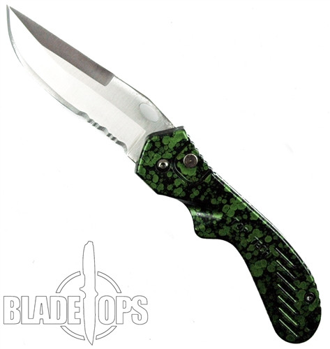 The Mercenary Auto Knife, Green, Part Serrated