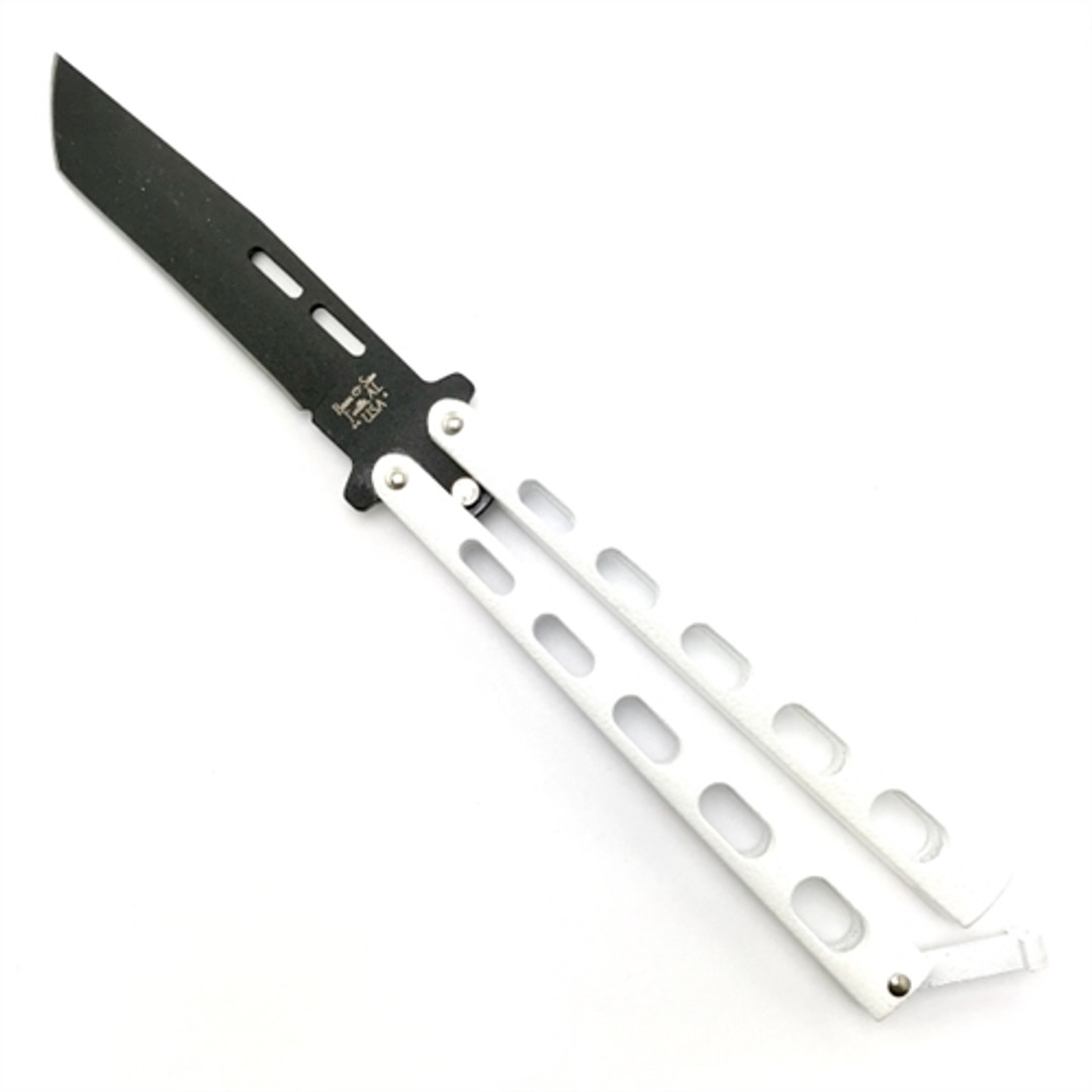 Bear & Son 115TANW White Tanto Balisong Butterfly Knife, 1095 Carbon Black Blade