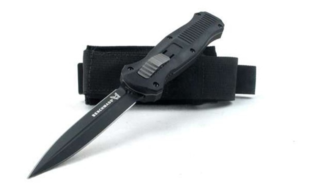Benchmade 3300BK Infidel D/E OTF Auto Knife, D2 Black Blade SHEATH VIEW