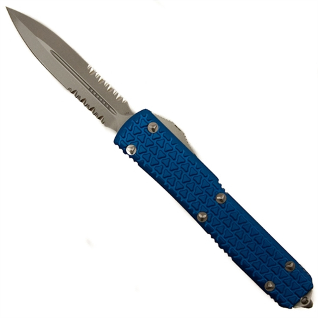 Microtech Blue Ultratech OTF Automatic Knife, Tri-Grip, BeadBlast Combo Dagger Blade