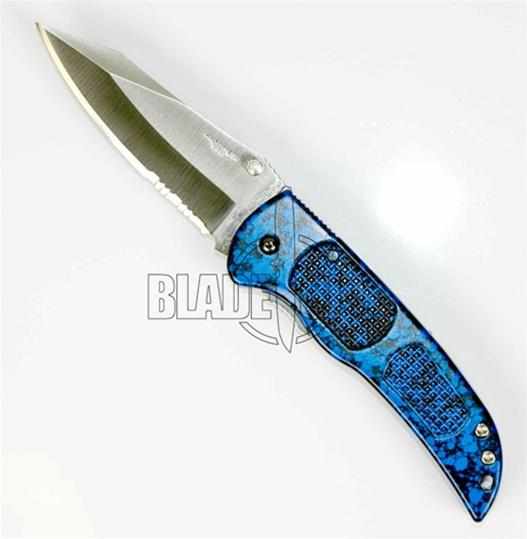 Hunter, Dual Action Automatic Knife, Blue Handle, Hidden Release, Part Serrated