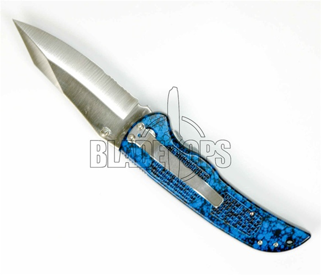 Hunter, Dual Action Automatic Knife, Blue Handle, Hidden Release, Part Serrated