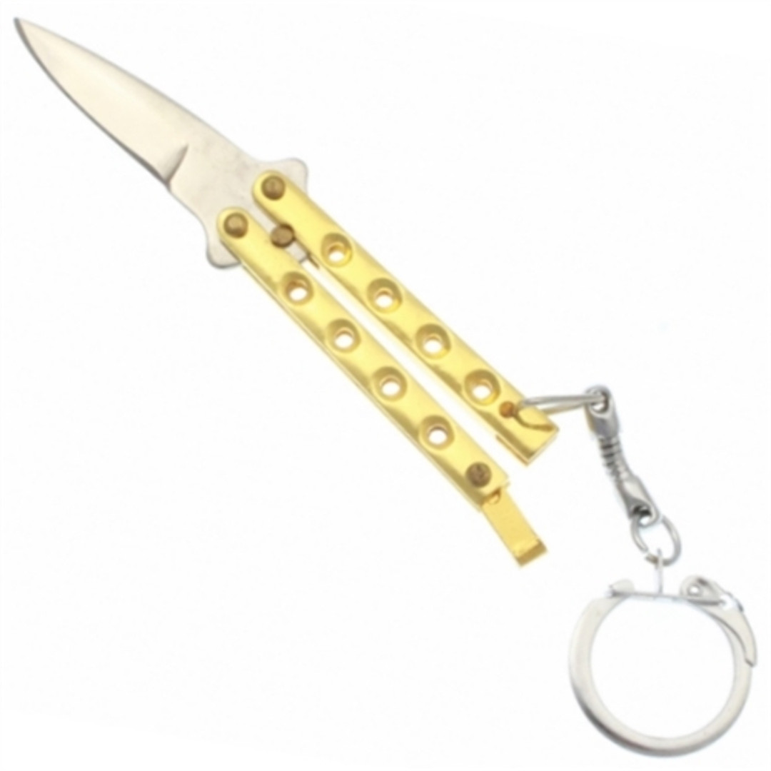 Mini Keychain Gold Balisong Butterfly Knife, Satin Blade