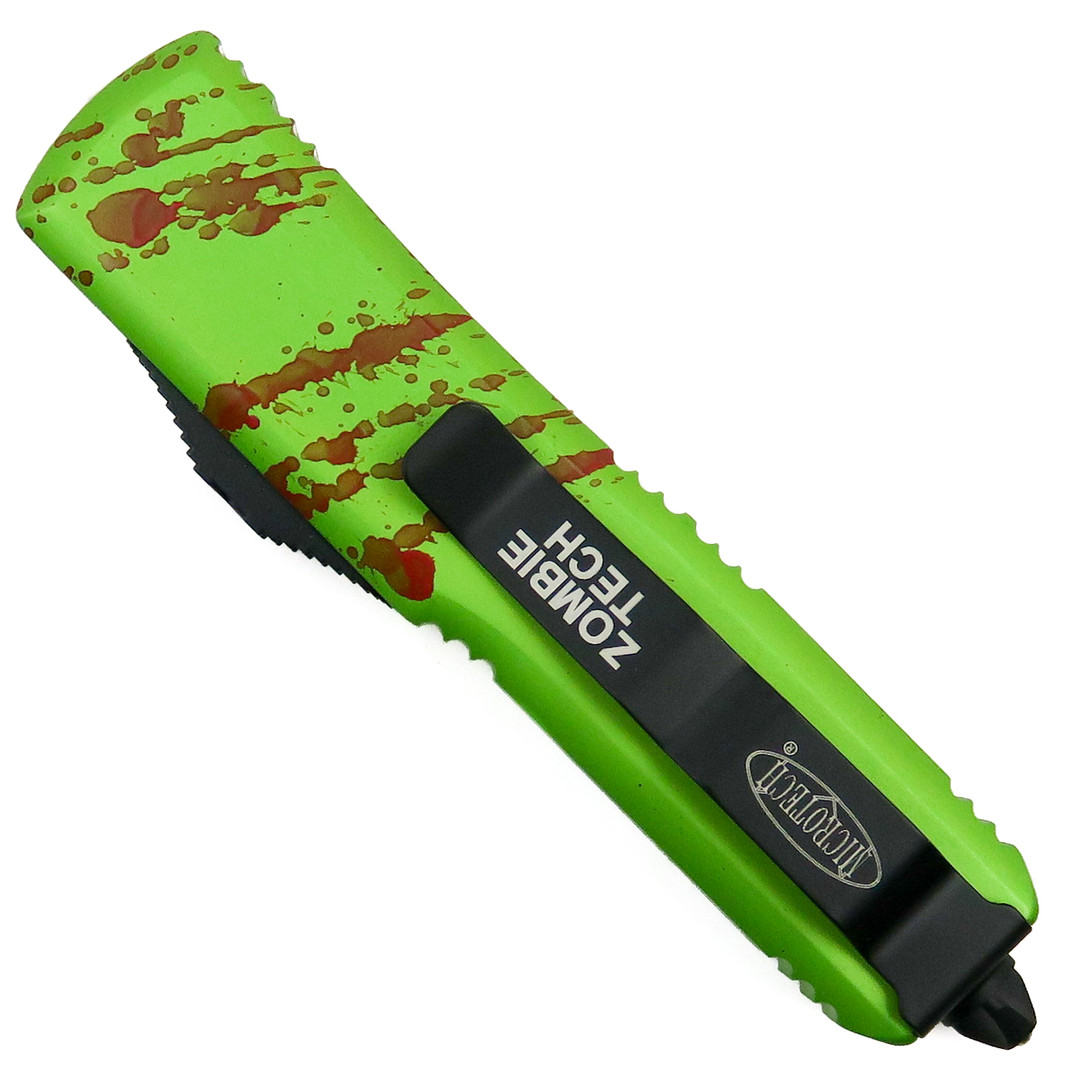 Microtech Zombie Tech UTX-85 OTF Auto Knife, Tanto Black Blade, Clip View