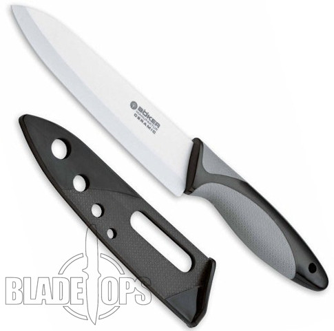 Boker White Ceramic Santoku Kitchen Knife, 6" Blade, Grey Black Handle
