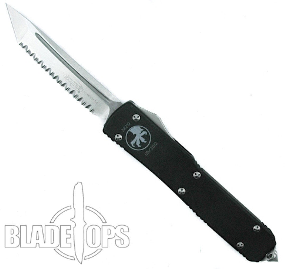 Microtech Ultratech OTF Knife, Stonewash Tanto Fully Serrated Blade, MT123-12