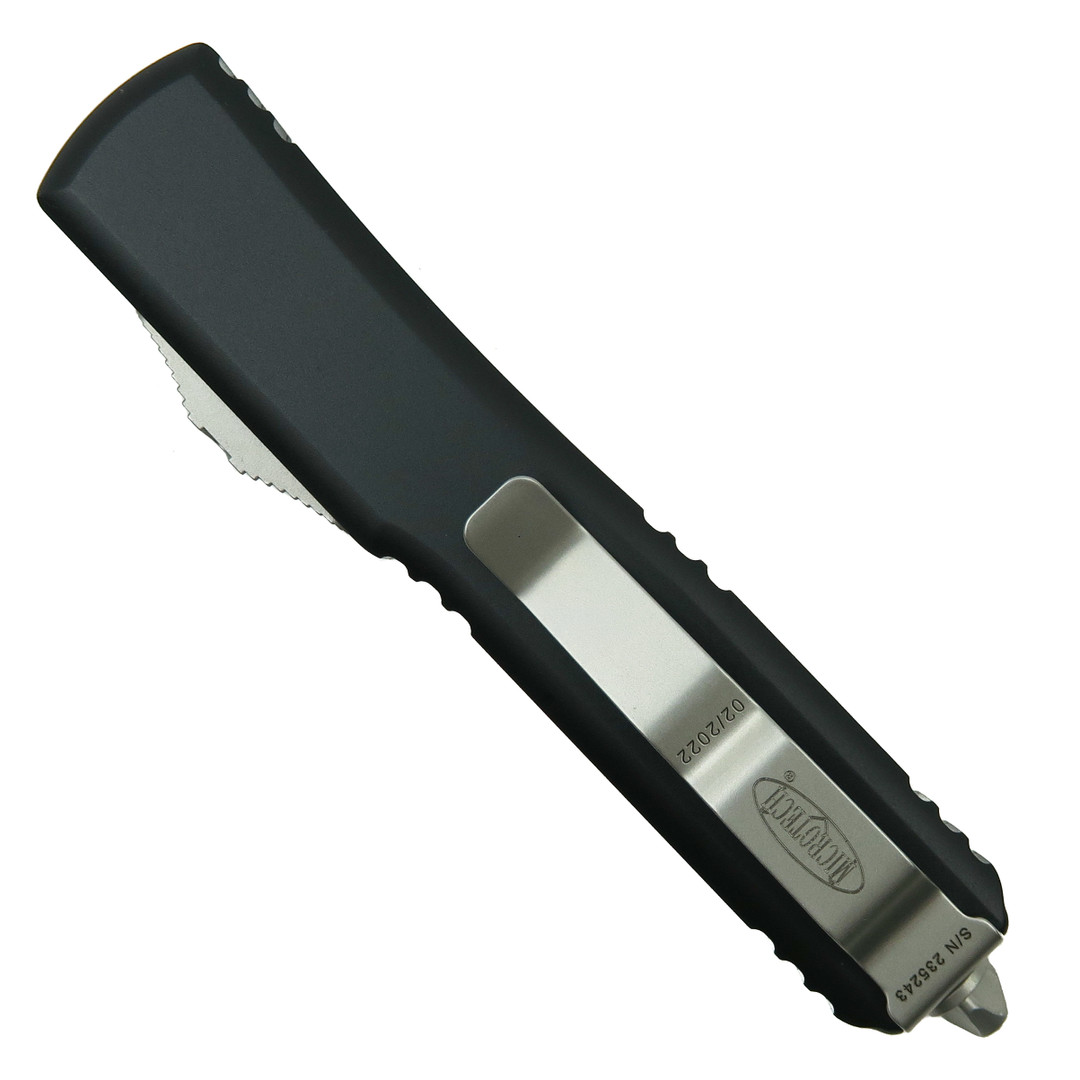 Microtech Ultratech OTF Auto Knife, Full Serrated Tanto Stonewash Blade, Clip View