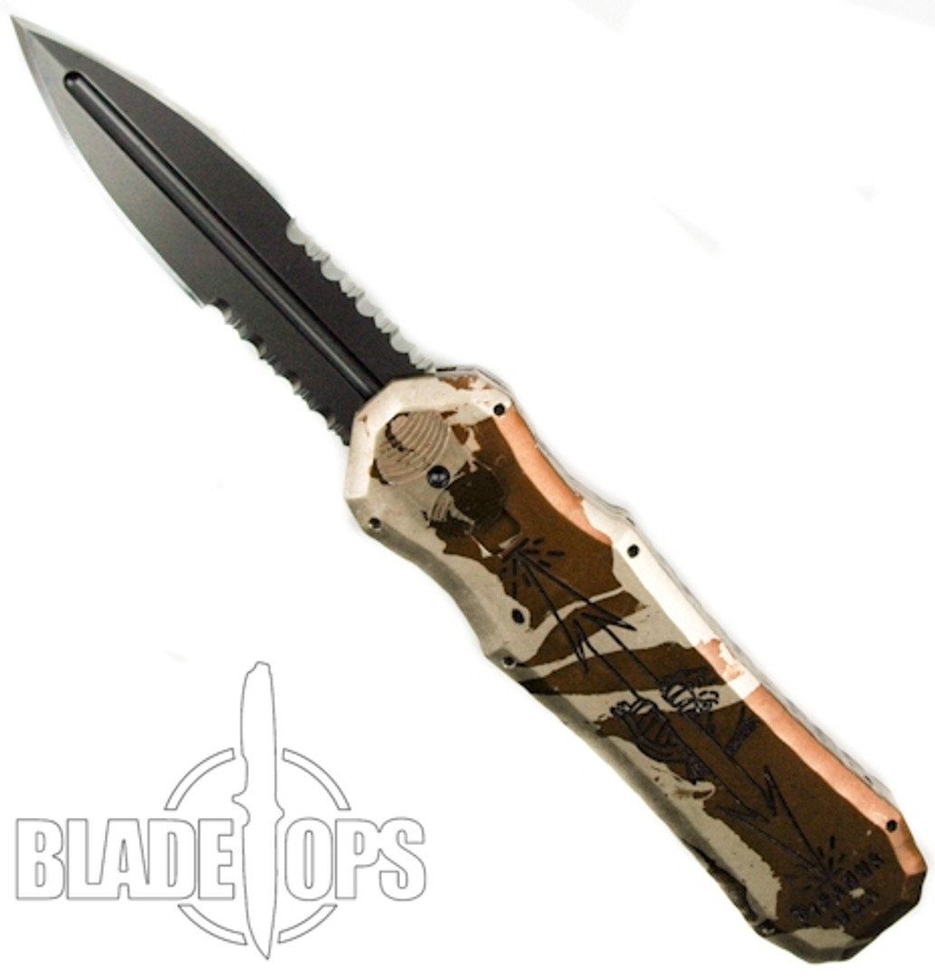 Piranha Camo Excalibur Double Action OTF Knife, Black Tactical Part Serrated Blade