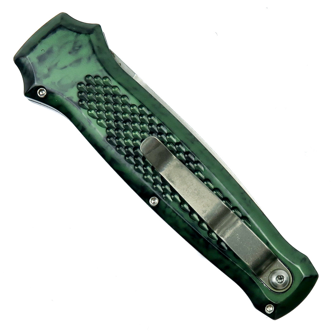 Piranha Green Prowler Auto Knife, 154CM Stonewash Combo Blade, clip view