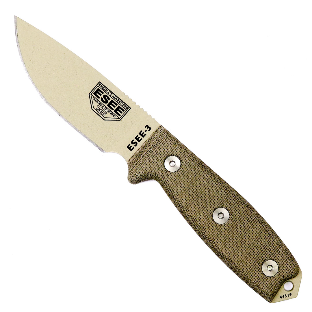 ESEE Knives ESEE-3P-DT Micarta Fixed Blade Knife, OD Green Sheath, 1095 Carbon Desert Tan Blade 