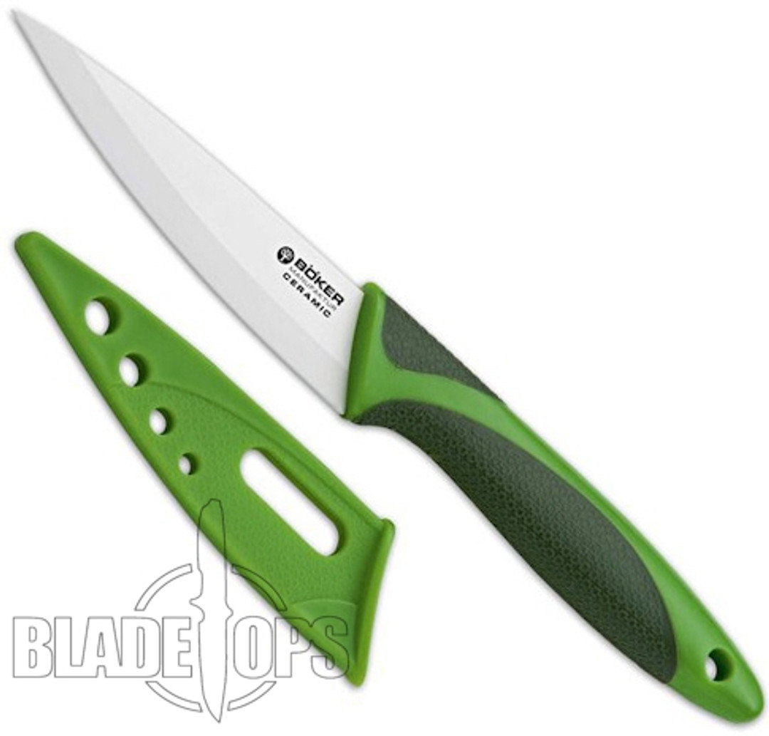 Boker White Ceramic Paring Kitchen Knife, 3.88" Blade, Green Handle