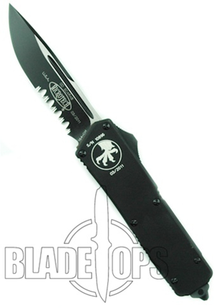 Microtech Tactical Executive Scarab Out the Front Knife, Black Single Edge Blade, Part Serrations, 107-2T