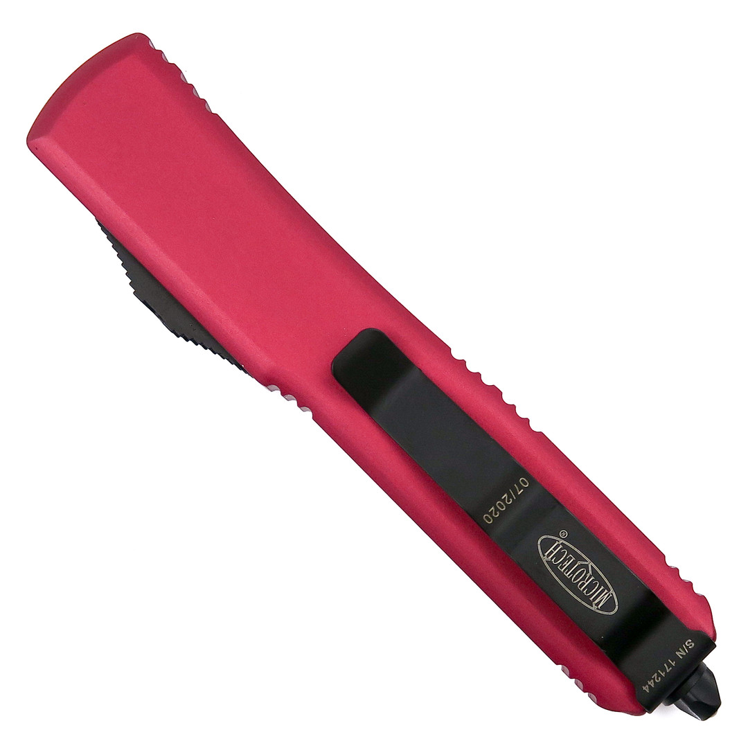 Microtech Ultratech OTF Knife, Red Handle, Two Tone Single Edge Part Serrated Blade, 121-2RD, clip view