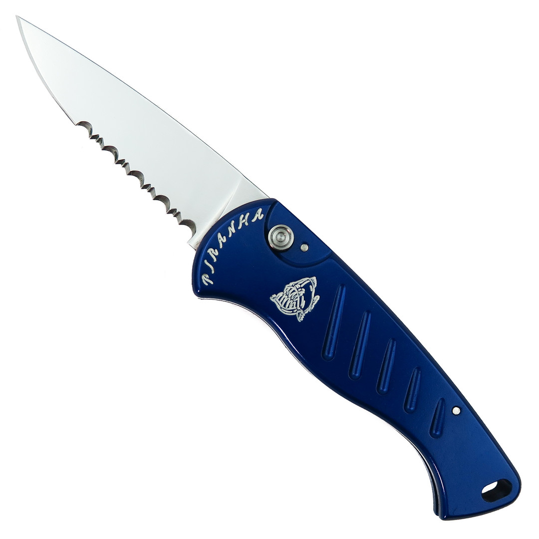 Piranha Blue Fingerling Auto Knife, 154CM Mirror Combo Blade 