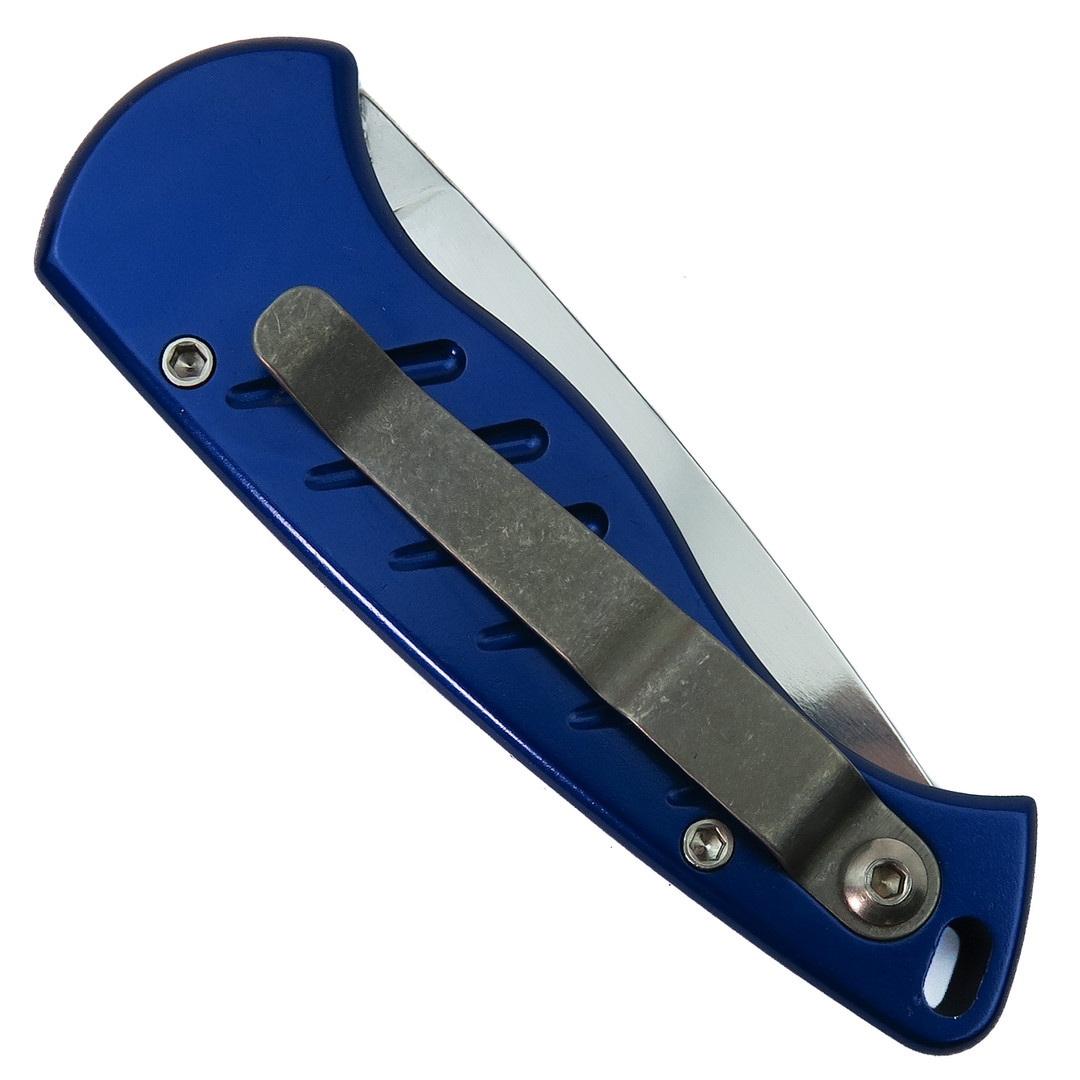 Piranha Blue Fingerling Auto Knife, 154CM Mirror Combo Blade, Clip View