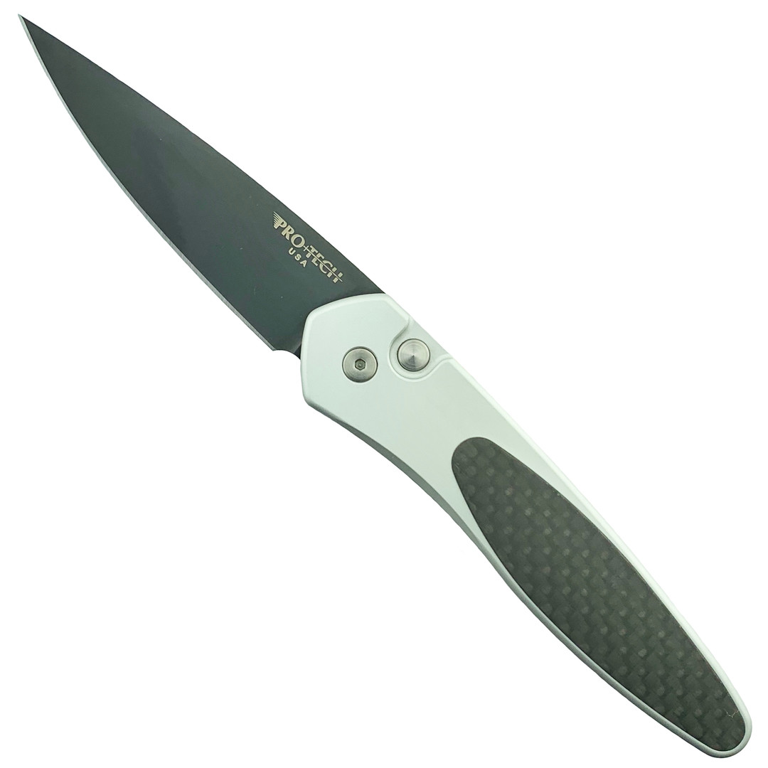 Pro-Tech 3412 Silver Newport Auto Knife, Carbon Fiber, CPM-S35VN Black Blade