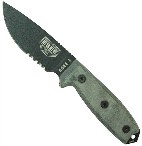 ESEE Knives RC3S Fixed Blade Knife, Black Blade, Part Serrated,  Linen Micarta Handle, ESEE-3S