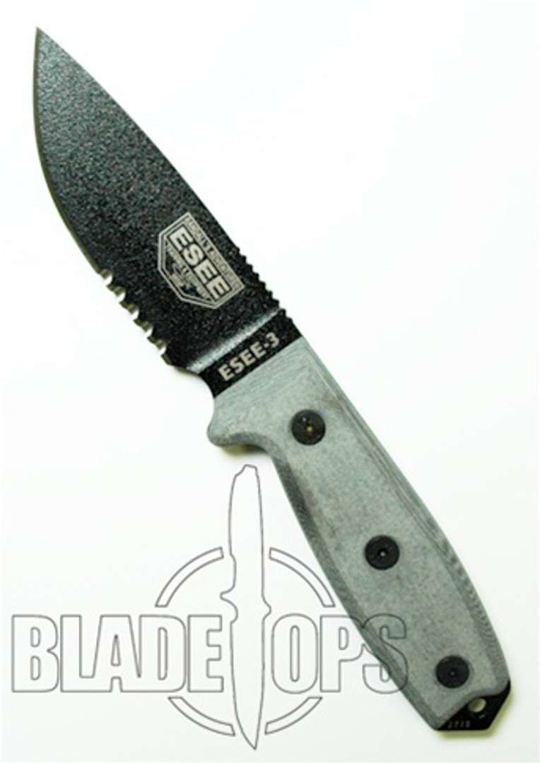 ESEE Knives RC3S Fixed Blade Knife, Black Blade, Part Serrated,  Linen Micarta Handle, ESEE-3S