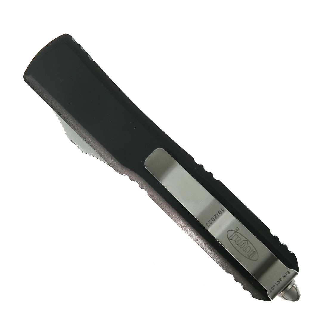 Microtech Ultratech OTF Knife, Stonewash Tanto Combo Blade, Clip View