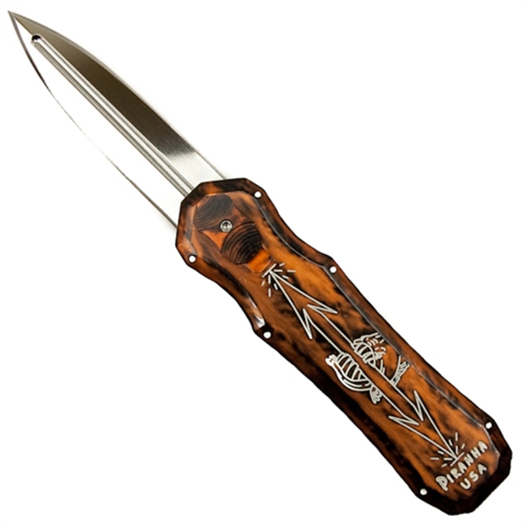 Piranha Orange Excalibur Double Action OTF Knife, Mirror Dagger Blade