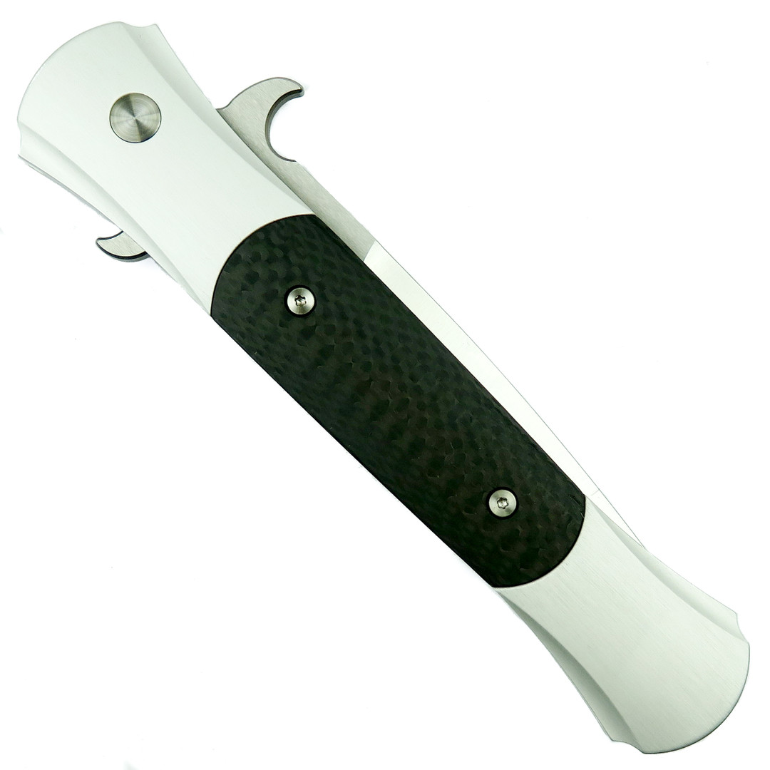 ProTech Large Don Automatic Knife, Carbon Fiber Inlays, Grey Handle, Satin Blade, Clip View