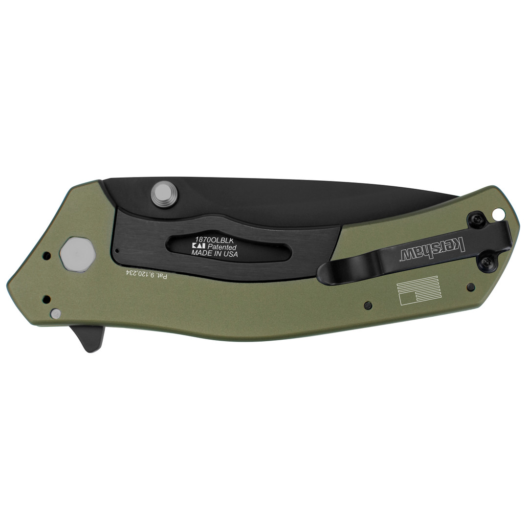 Kershaw Knockout Assist Knife, Black Plain Blade, Olive Handle REAR VIEW